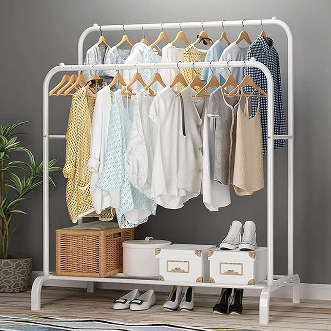 Heavy-Duty Double Pole Garment Rack with Bottom Shelf