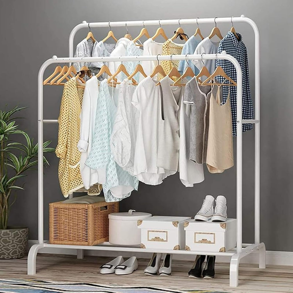 Heavy-Duty Double Pole Garment Rack with Bottom Shelf