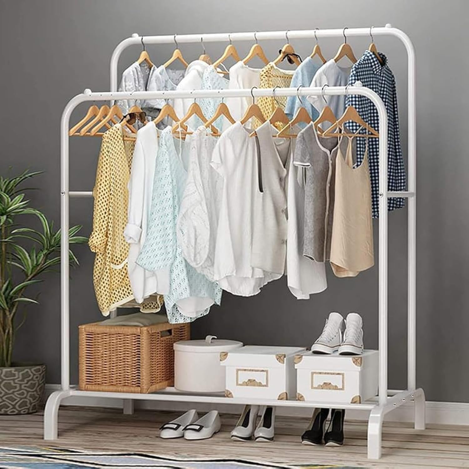 Heavy-Duty Double Pole Garment Rack with Bottom Shelf