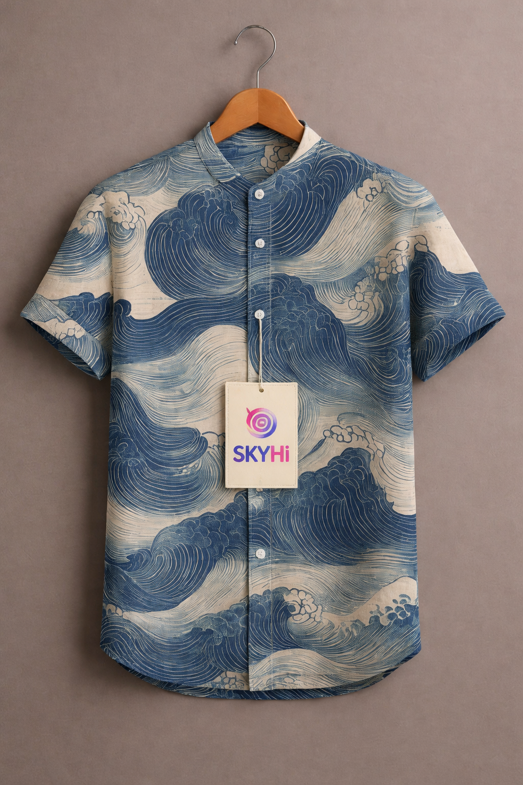 Blue-green gradient Vintage Print Casual 100% Cotton Shirt