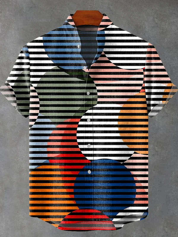 Geometry roundness streak Color match illusion Vintage Print Casual 100% Cotton Shirt