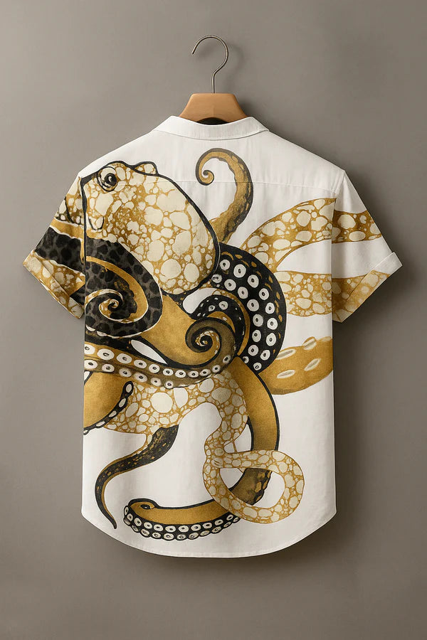 Vintage Fish Octopus Art Vintage Art Print Casual 100% Cotton Shirt