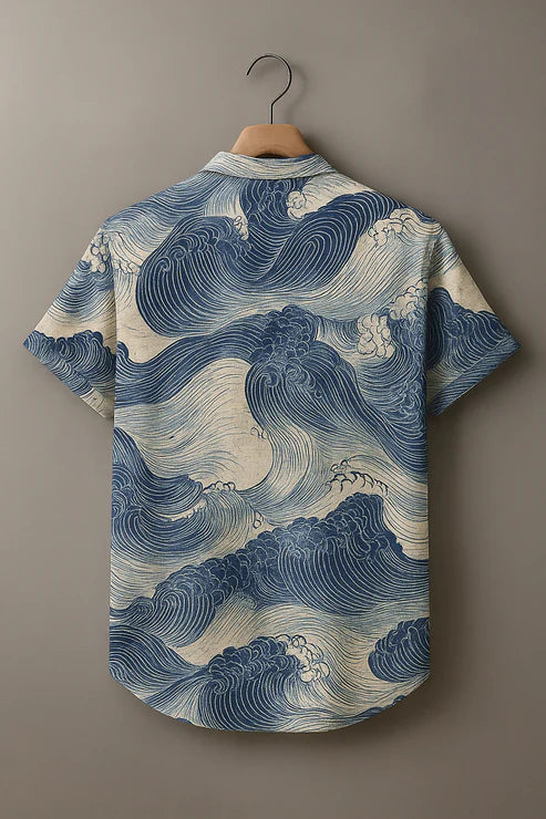 Blue-green gradient Vintage Print Casual 100% Cotton Shirt