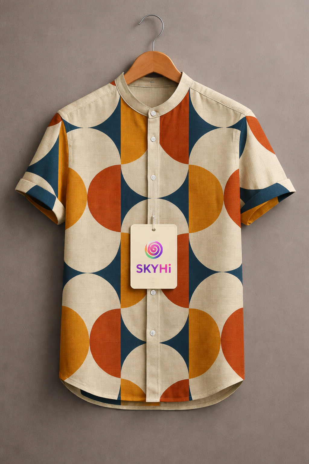 Retro Minimalist Color-block Symmetrical Geometry Print Casual 100% Cottton Shirt
